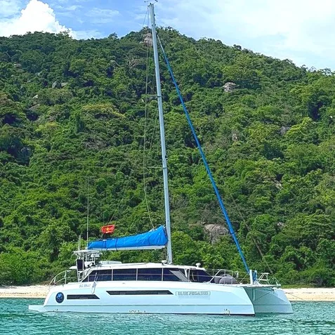 나트랑 BLUE CATAMARAN Blue Pegasus 측면 — 흰 쌍동선